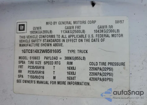 1998 GMC Sonoma from USA, damaged, VIN 1GTCS14X2W8501695